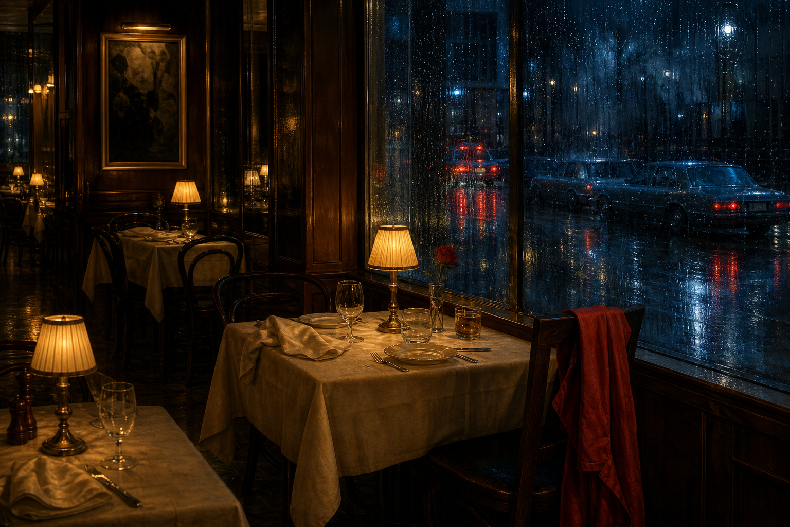 Rain-streaked restaurant window liner art for Windows Facing West